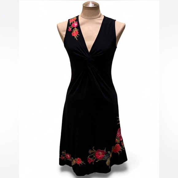 Johnny Was Black Sleeveless Midi Dress w/ twist front and floral embroidery - Picture 1 of 7